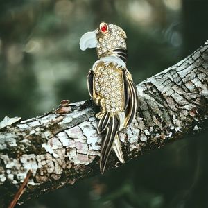 Parrot Bird Diamante Crystal Gold Tone Blue Green Enamel Brooch